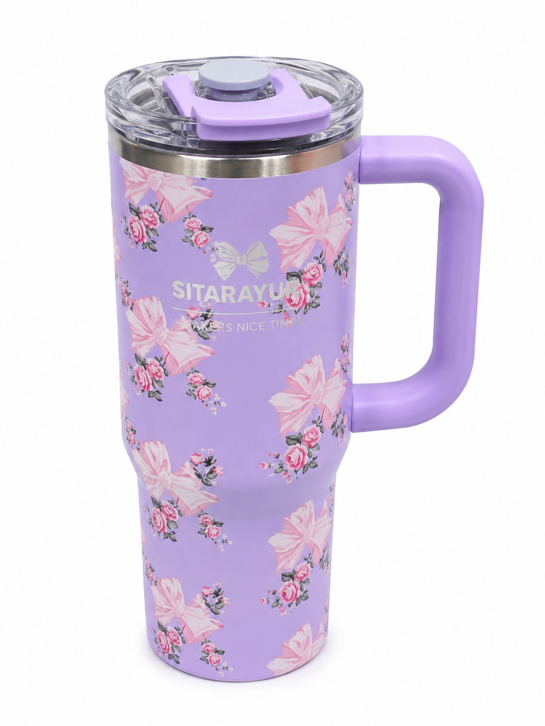 40oz Floral Insulated Travel Tumbler with Handle & Straw Lid | Double Wall Stainless Steel