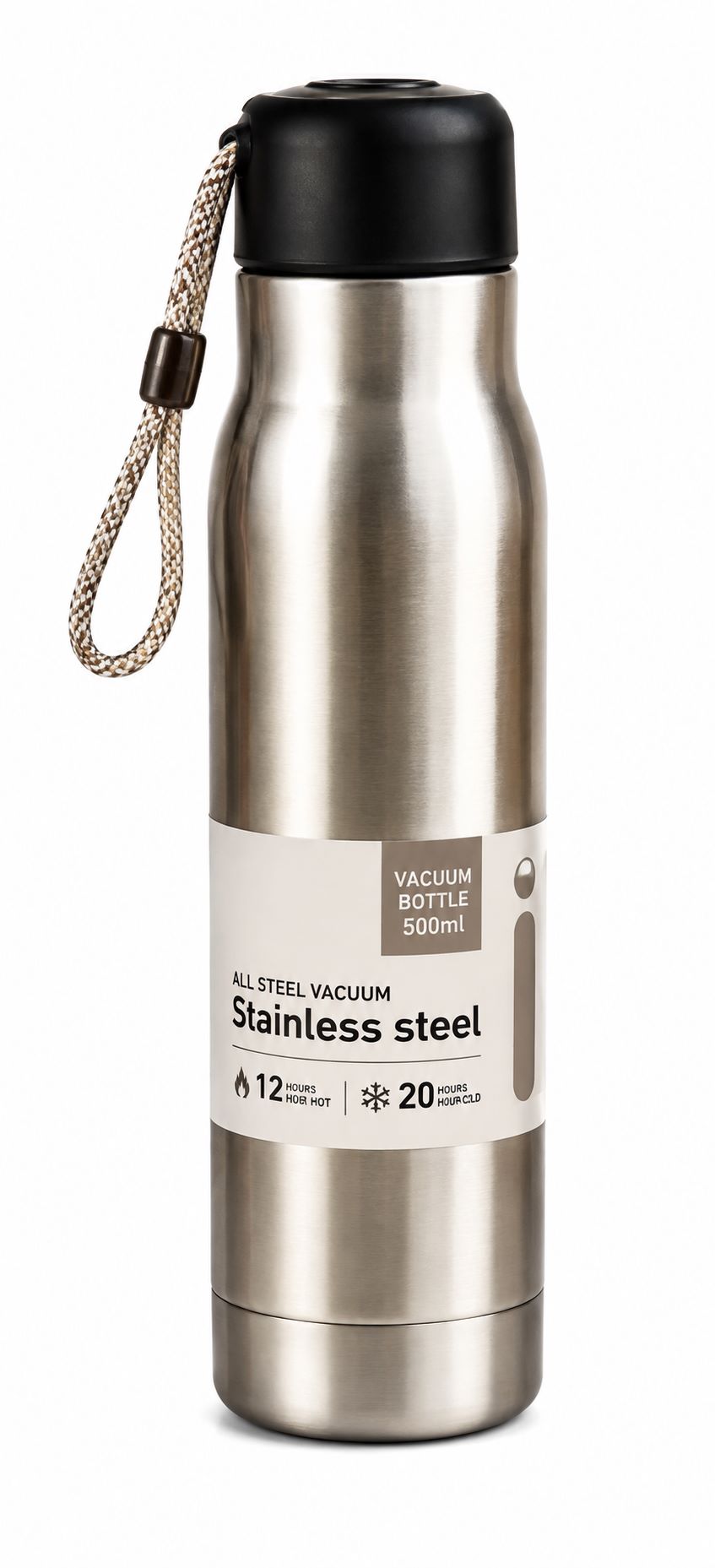 Stainless Steel Vacuum Insulated Flask Water Bottle with Carrying Loop – Keep Hot & Cold (500ml)