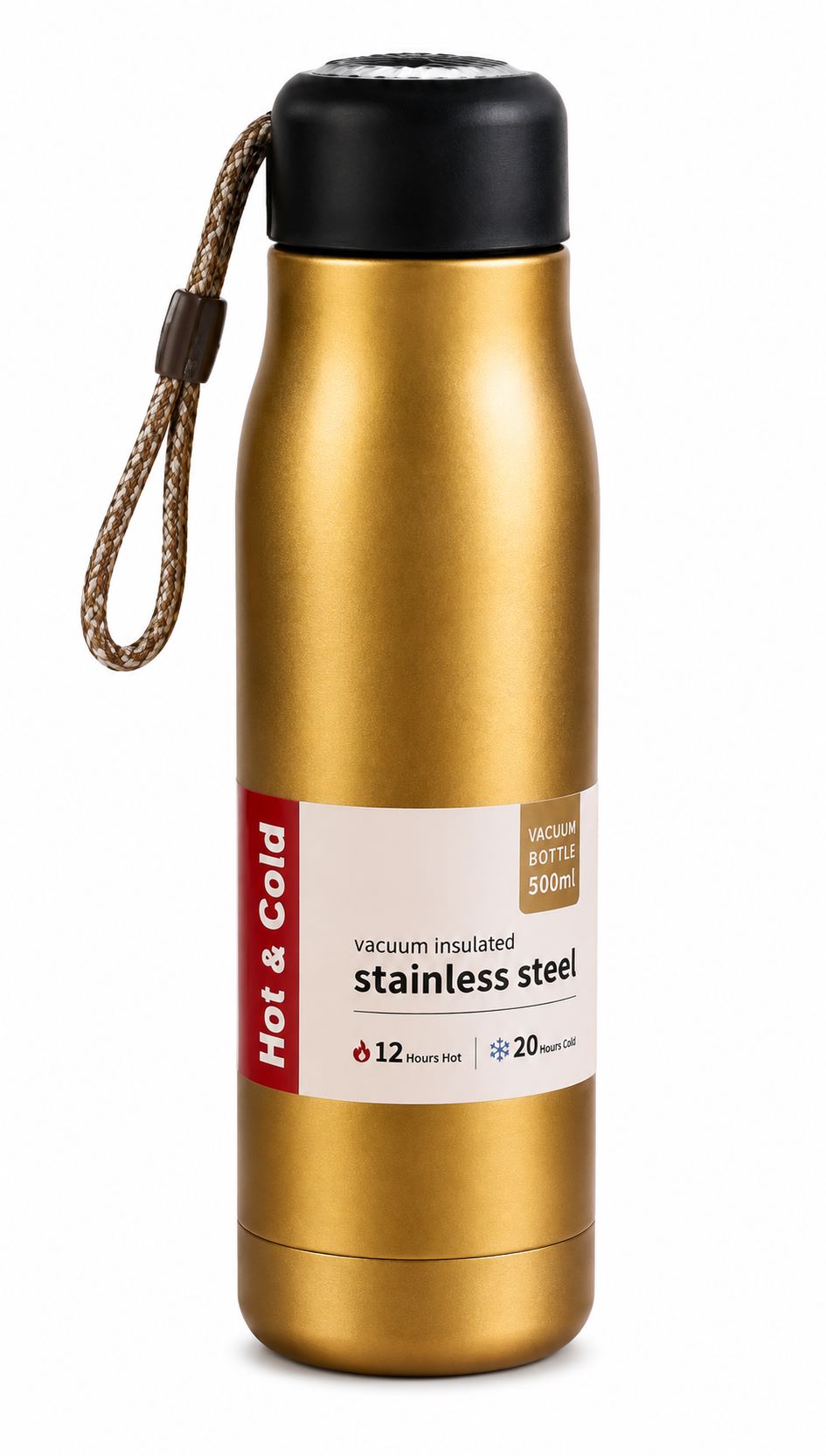 Stainless Steel Vacuum Insulated Flask Water Bottle with Carrying Loop – Keep Hot & Cold (500ml)