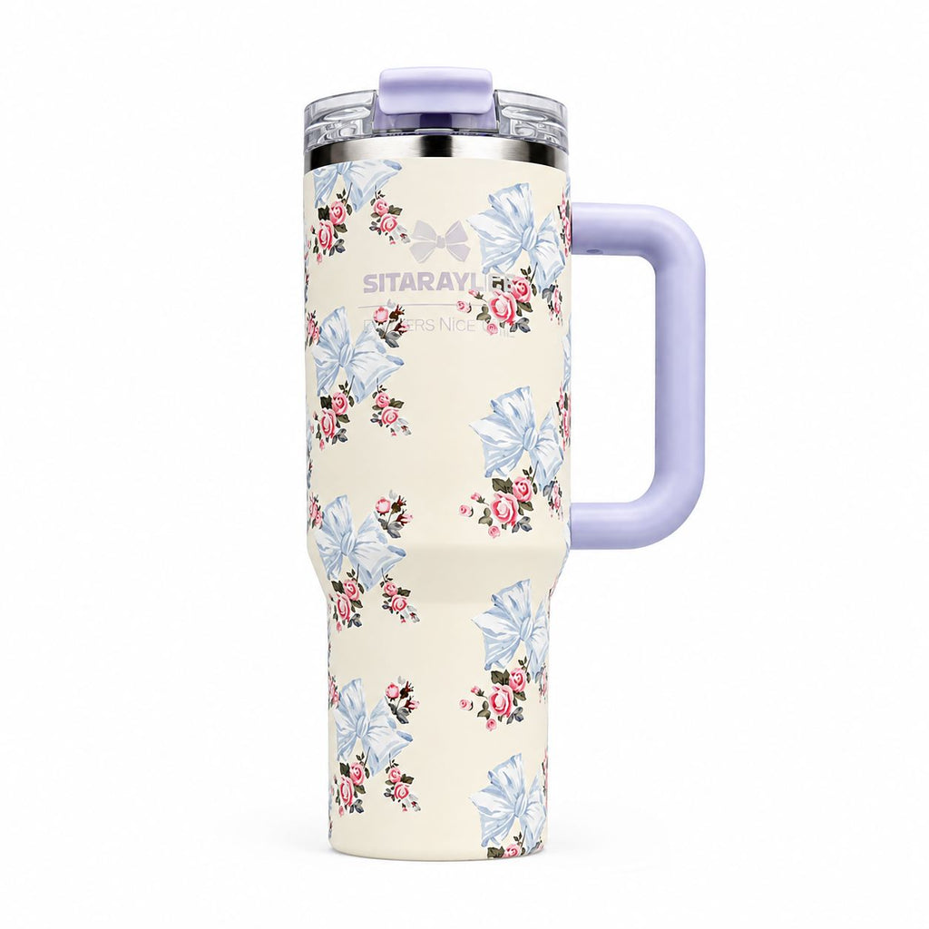 40oz Floral Insulated Travel Tumbler with Handle & Straw Lid | Double Wall Stainless Steel