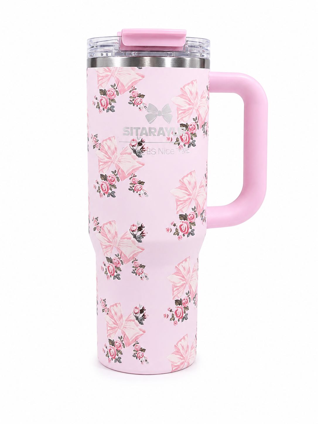 40oz Floral Insulated Travel Tumbler with Handle & Straw Lid | Double Wall Stainless Steel