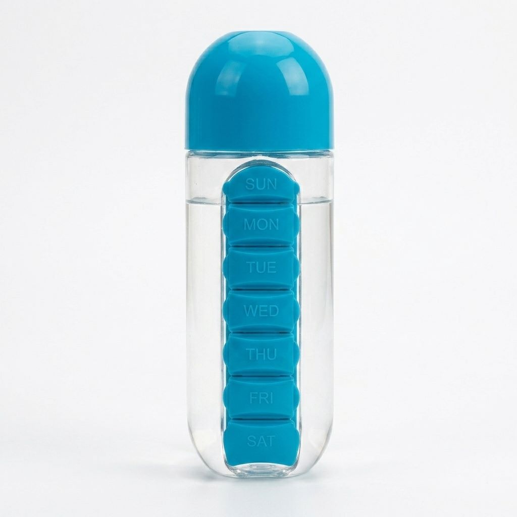 2-in-1 Pill Organizer Water Bottle (600ml) – Daily Medicine Organizer & Hydration Bottle