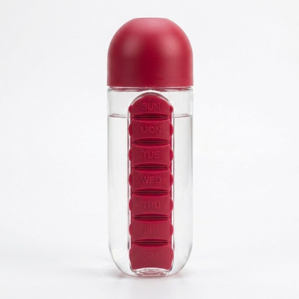 2-in-1 Pill Organizer Water Bottle (600ml) – Daily Medicine Organizer & Hydration Bottle