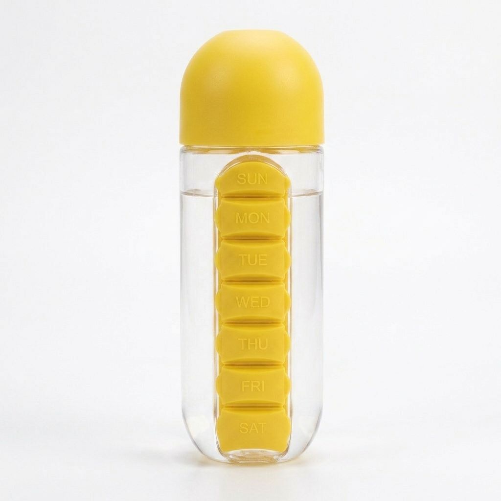 2-in-1 Pill Organizer Water Bottle (600ml) – Daily Medicine Organizer & Hydration Bottle