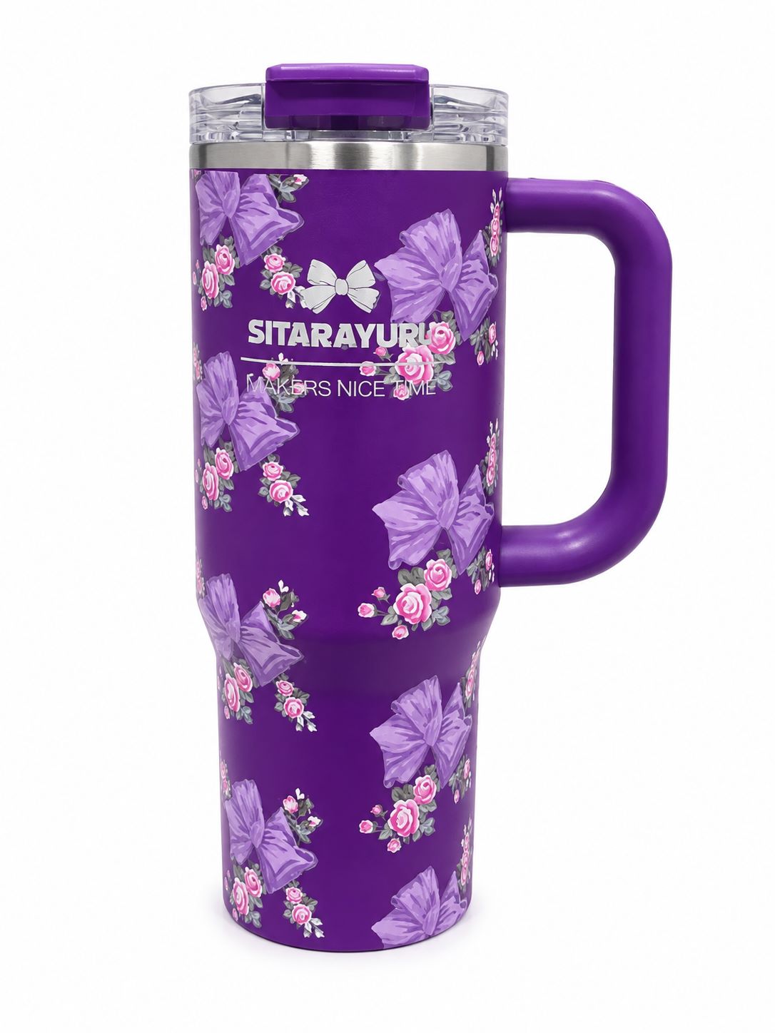 40oz Floral Insulated Travel Tumbler with Handle & Straw Lid | Double Wall Stainless Steel