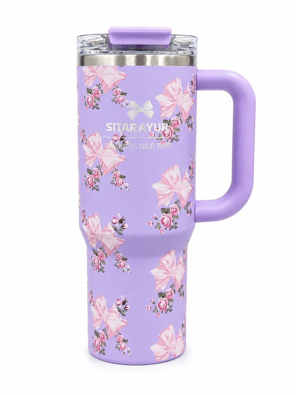 40oz Floral Insulated Travel Tumbler with Handle & Straw Lid | Double Wall Stainless Steel